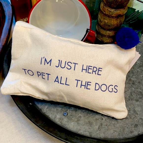 Ever Ellis Canvas And Blue Pom Zip Pack Sack “I’m Just Here To Pet All The Dogs” - Picture 8 of 9